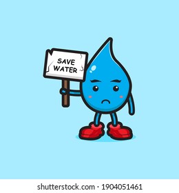 Cute water character holding board save water cartoon vector icon illustration. World water day icon concept isolated vector. Flat cartoon style