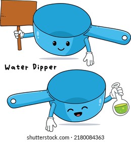 Cute water dipper with faces cartoon mascot hand drawn set isolated on white background