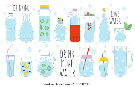 Cute water doodle. Bottle, glass, thermos and decanter of water, water drop, ice cubes and splash, hand drawn trendy vector illustration icon set. Plastic container, jar with liquid