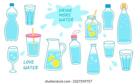 Cute water doodle. Bottle, glass, and decanter of water, water drop, ice cubes, slice of lemon and splash, hand drawn trendy vector illustration icon set. 