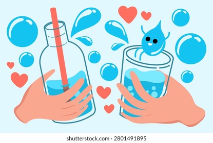 Cute Water Drinking Illustration with Happy Water Drop Character and Hydration Concept