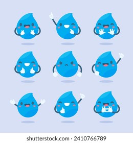 Cute water drop cartoon characters in various poses Providing knowledge to reduce water use