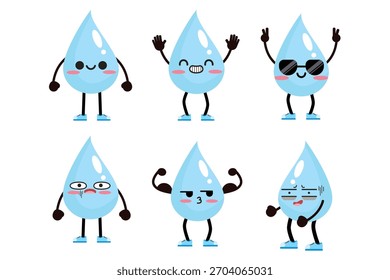 Cute Water Drop Character Set. Happy Blue Liquid Mascot with Various Funny Expressions. Save Water and Ecology Concept Vector. 