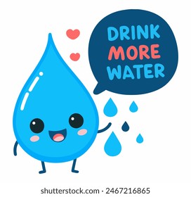 Cute water drop character and speech bubble with text drink more water, vector illustration, isolated on white background