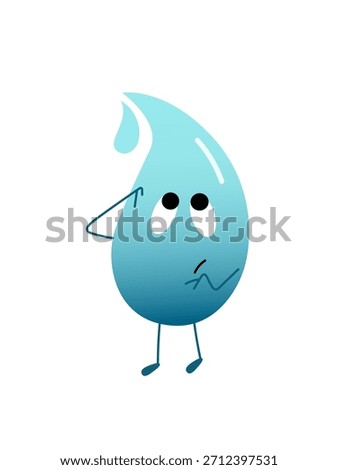 Cute water drop character standing with a puzzled, thoughtful expression, scratching its head. Represents a concept of problem-solving, decision-making, or water resource management challenges.