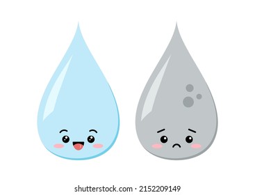 Cute Water Drop Clean And Dirty Kawaii Character. Raindrop Shape Mascot With Face. Aqua Funny Sad Emoji Danger Liquid Icon Collection. Vector Cartoon Water Pollution And Spread Of Disease Illustration