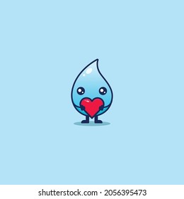 Cute water drop with expression holding a heart. Isolated on a blue background. Vector illustration of flat face cartoon character mascot