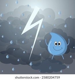 Cute water drop falling from dark clouds with lightning and rain. Cartoon vector illustration for children's story, book cover, print.