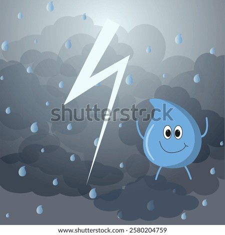 Cute water drop falling from dark clouds with lightning and rain. Cartoon vector illustration for children's story, book cover, print.