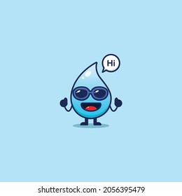 Cute water drop with greeting expression. Isolated on a blue background. Vector illustration of flat face cartoon character mascot