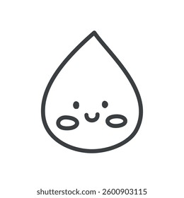 Cute water drop icon. Hand drawn monochrome illustration of a happy smiling aqua drop character isolated on a white background. Kawaii sticker. Vector 10 EPS.