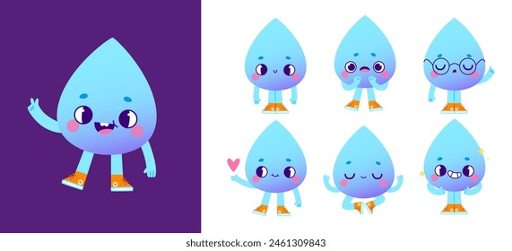 Nette Wassertropfen Maskottchen Posen Set. Retro Cartoon Vektorgrafik Aqua Charakter mit Emotion. Baby-Tröpfchen-Maskottchen.