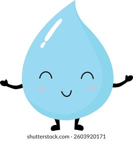 Cute water drop smiling with open arms, symbol of clean water and happiness.