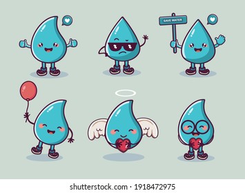 cute water drop vector cartoon character collection set