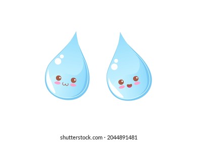 Cute Water Drop Vector Illustration Isolated On White Background. Kawaii Blue Liquid Sign In Flat Design. Moisture Symbol Hand Drawn Doodle. Raindrop Character, Drinking Water, Shower Concept.