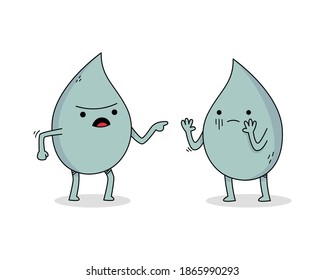 Cute water droplet cartoon character arguing
