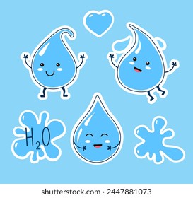 Cute water drops characters set. Vector flat style template for sticker, patch, badge.