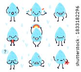Cute water drops. Hand drawn happy water drops, raindrops, kawaii aqua droplets, water drops face expressions character vector illustration set. Characters with rainbow, heart, butterfly