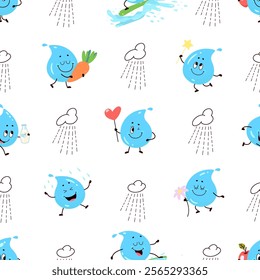 Cute water drops seamless pattern. Funny cartoon positive characters, blue drop print for fabric, wrapping, wallpaper design. Nowaday vector texture