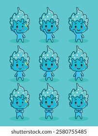 a cute water elemental mascot with various positions and expressions