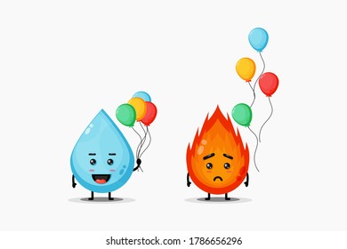 Cute water and fire mascot holding a balloon