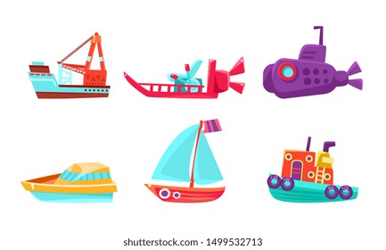 Cute Water Transport Set, Toy Boat, Yacht, Ship, Submarine, Steamboat Vector Illustration