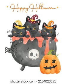 Cute Watercolor Animal 3 Baby Black Kitten Cats On Poison Witch Cauldron Pot, Happy Halloween, Cartoon Animal Pet Hand Painting Vector Illustration