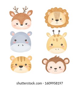 cute watercolor animal faces, baby shower decoration, animals clipart.