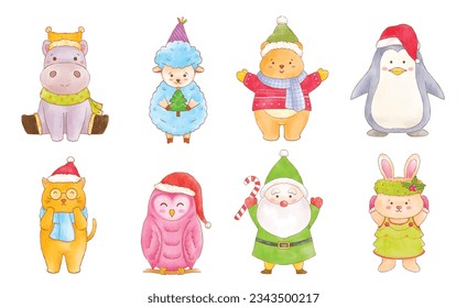 Cute watercolor of animals Christmas characters