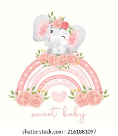 cute watercolor baby elephant girl sitiing pink floral rainbow nursery kid animal hand drawn illustration vector
