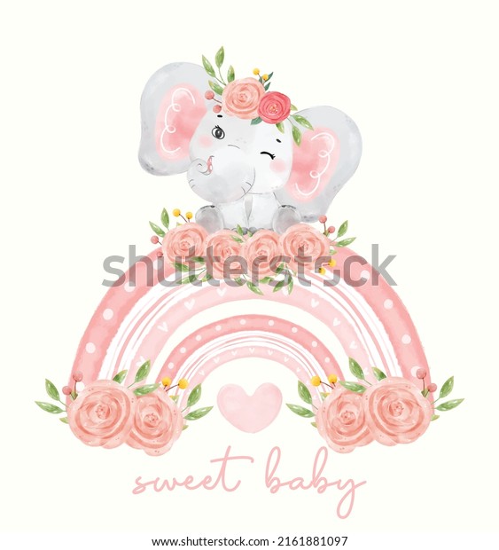 cute watercolor baby elephant girl sitiing on pink floral rainbow,nursery kid animal hand drawn illustration vector