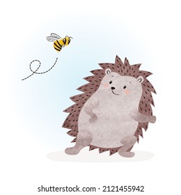 Cute watercolor baby hedgehog and bee. Vector children illustration.