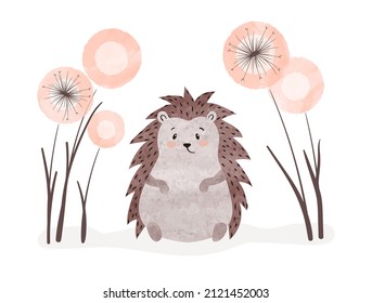 Cute watercolor baby hedgehog and dandelions. Vector illustration.