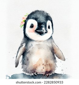 Cute watercolor baby penguin, funny cartoon antarctic animal vector illustration. Kid character for winter season greeting cards, sweet penguin drawing design