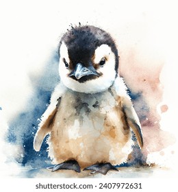 Cute watercolor baby penguin, funny cartoon antarctic animal vector illustration. Kid character for winter season greeting cards, sweet penguin drawing design.