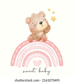 cute watercolor baby teddy bear sitiing on pink rainbow with stars, nursery kid animal hand drawn illustration vector