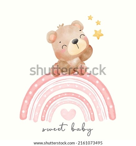 cute watercolor baby teddy bear sitiing on pink rainbow with stars, nursery kid animal hand drawn illustration vector