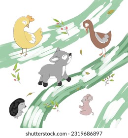 Cute watercolor background with animals in green colors, zoo with animals and birds