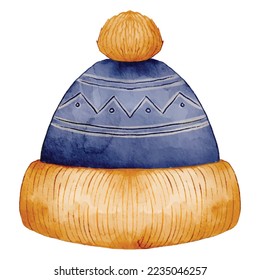 Cute watercolor beanie hat with pompom clipart vector with blue and gold color for winter element decoration for scrapbooking or poster or greeting card or sticker or printables