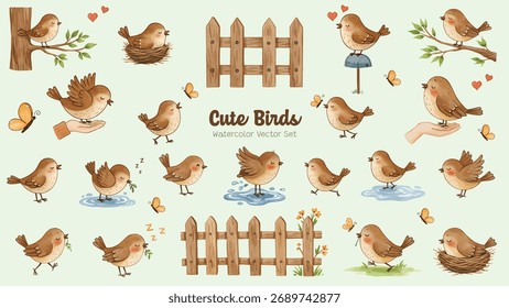 Nettes Aquarell Vogel Vektor Set mit handgezeichneten braunen Vögeln Schmetterlinge Äste und Zäune. Perfekt für Frühlingskarten Einladungen Baby entwirft Kindergarten Drucke und niedliche Natur Projekte.