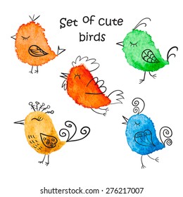 Cute watercolor birds in vector. Cartoon set, Five funny birds.