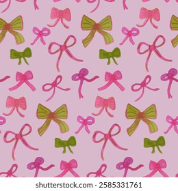 Cute Watercolor Bow Seamless Pattern on Pink background