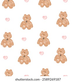Cute watercolor brown teddy bear with pink heart hand drawn seamless pattern background for girls.