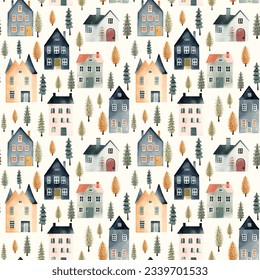 Cute watercolor buildings and trees. European houses seamless pattern.  Trendy scandi vector background
