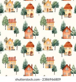 Cute watercolor buildings and trees. European houses seamless pattern. Trendy scandi vector background
