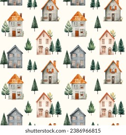 Cute watercolor buildings and trees. European houses seamless pattern. Trendy scandi vector background
