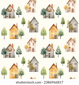 Cute watercolor buildings and trees. European houses seamless pattern. Trendy scandi vector background
