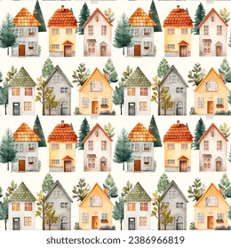 Cute watercolor buildings and trees. European houses seamless pattern. Trendy scandi vector background
