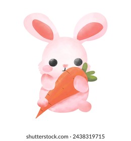 Cute watercolor bunny with carrot isolated on white background. Vector illustration.