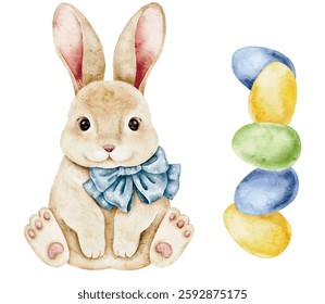 Cute watercolor bunny with Easter eggs, soft pastel illustration for Easter greeting cards, spring invitations, children posters, baby products, nursery prints, seasonal stationery and festive packaging.